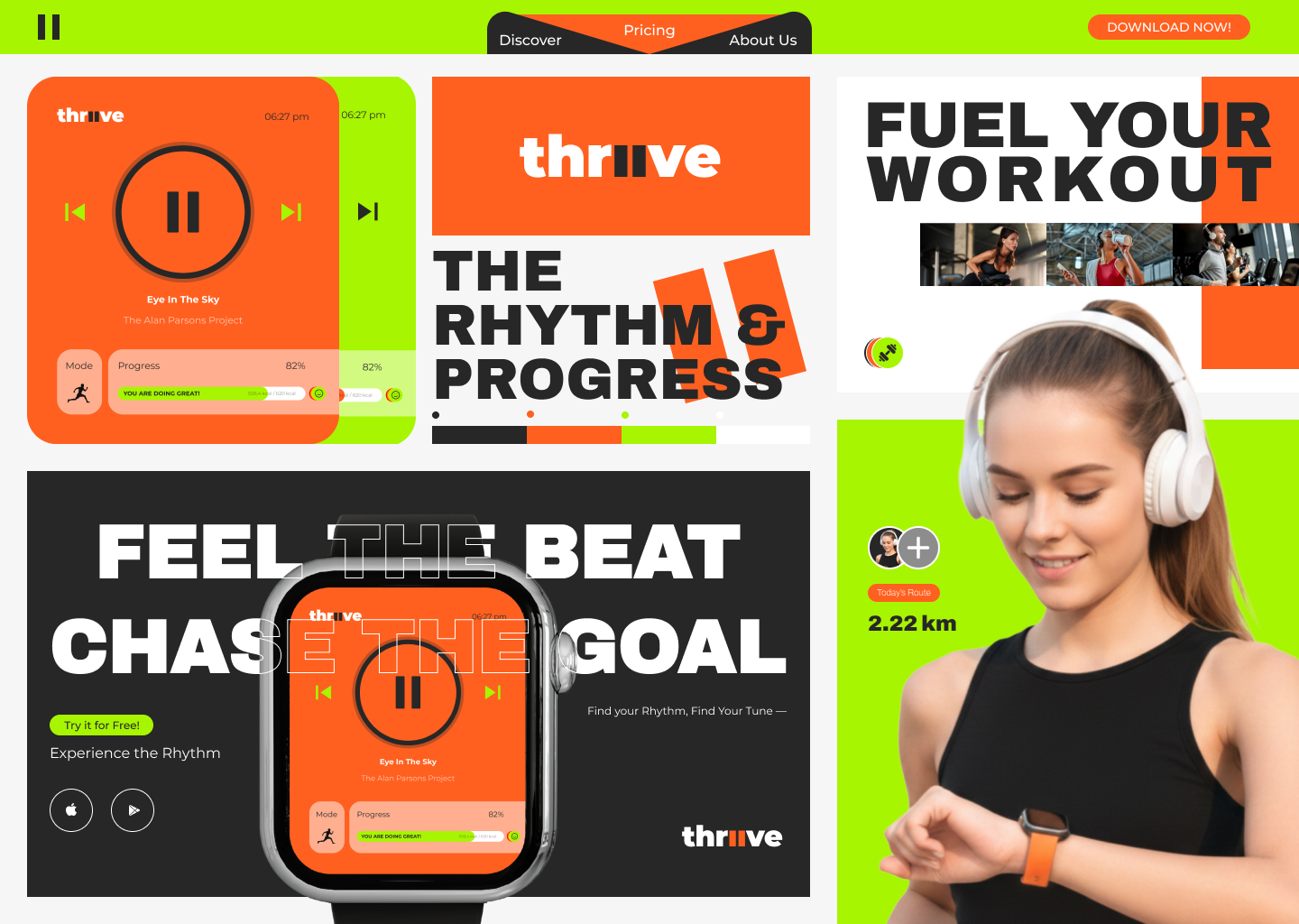 Genç kadın spor kıyafetiyle turuncu bileklikli akıllı saatine bakıyor, büyük kulaklık takıyor, arka planda Thrive uygulamasının müzik ve egzersiz arayüzü görünüyor.