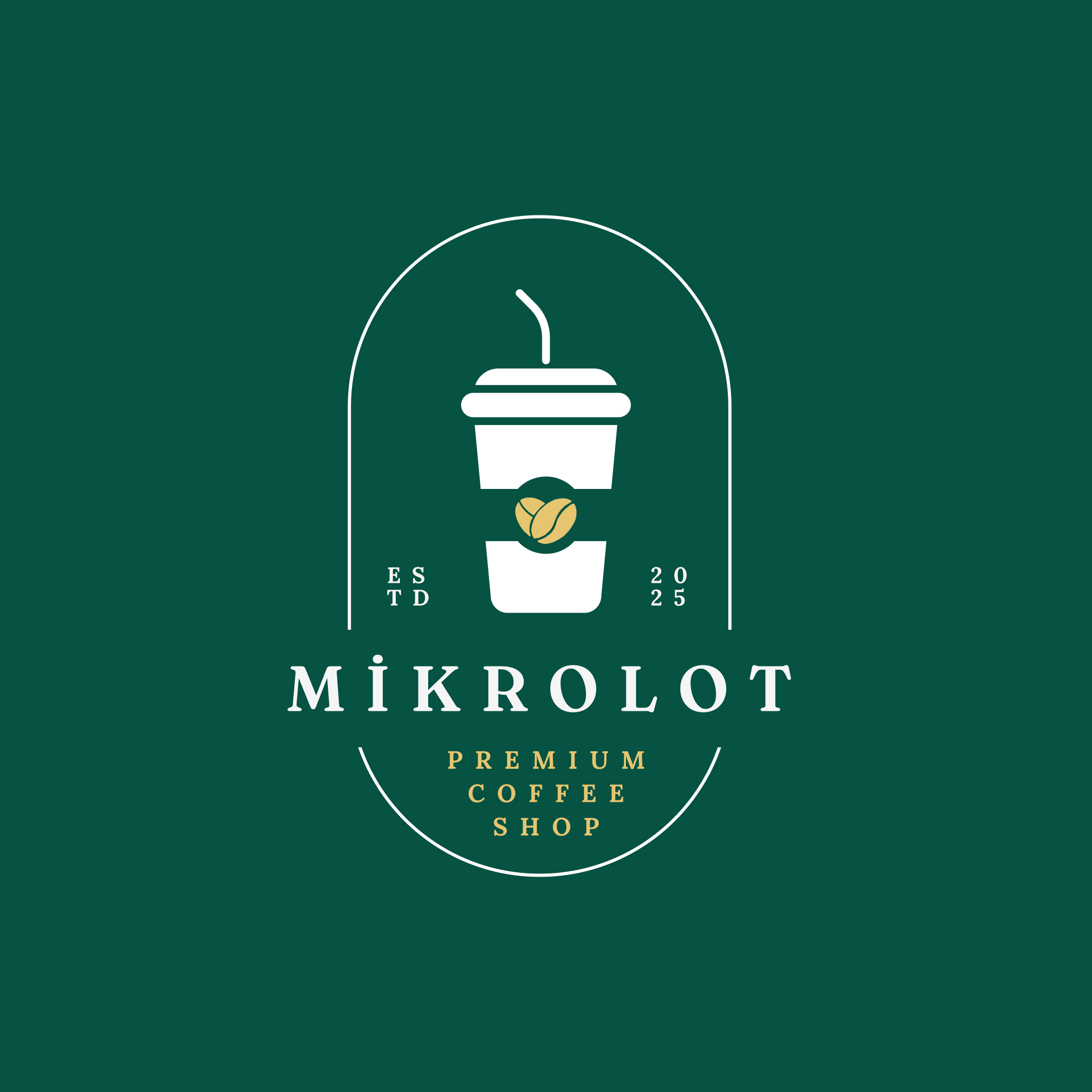 Beyaz pipetli bardak ve kahve çekirdekleri simgesiyle çevrelenmiş, mikro lot premium kahve dükkanı logosu.