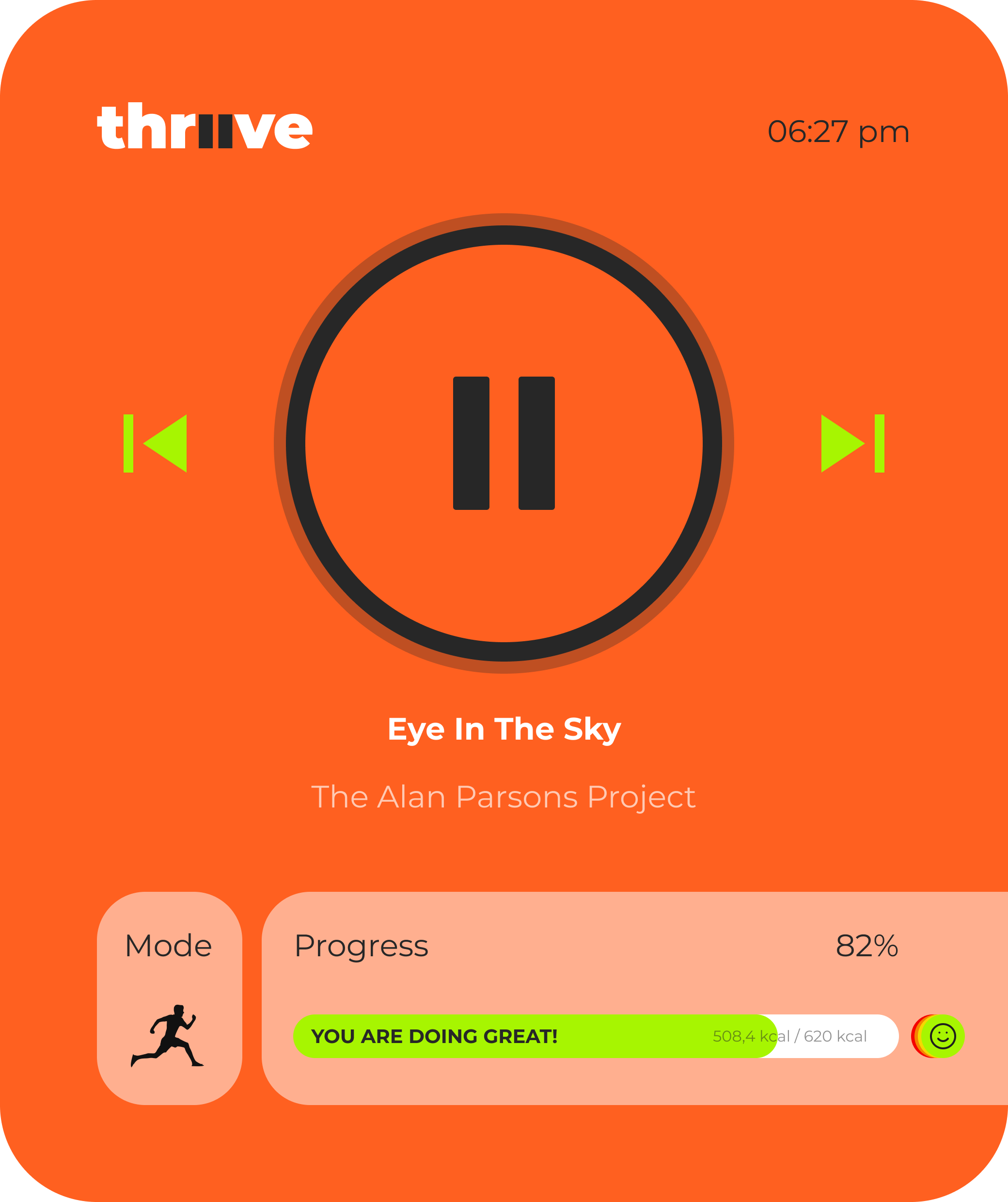 Turuncu arka plan üzerinde Alan Parsons Project'tan Eye In The Sky şarkısı için oynatma kontrolü, yüzde 82 ilerleme ve kalori sayacı gösteren müzik uygulaması arayüzü.