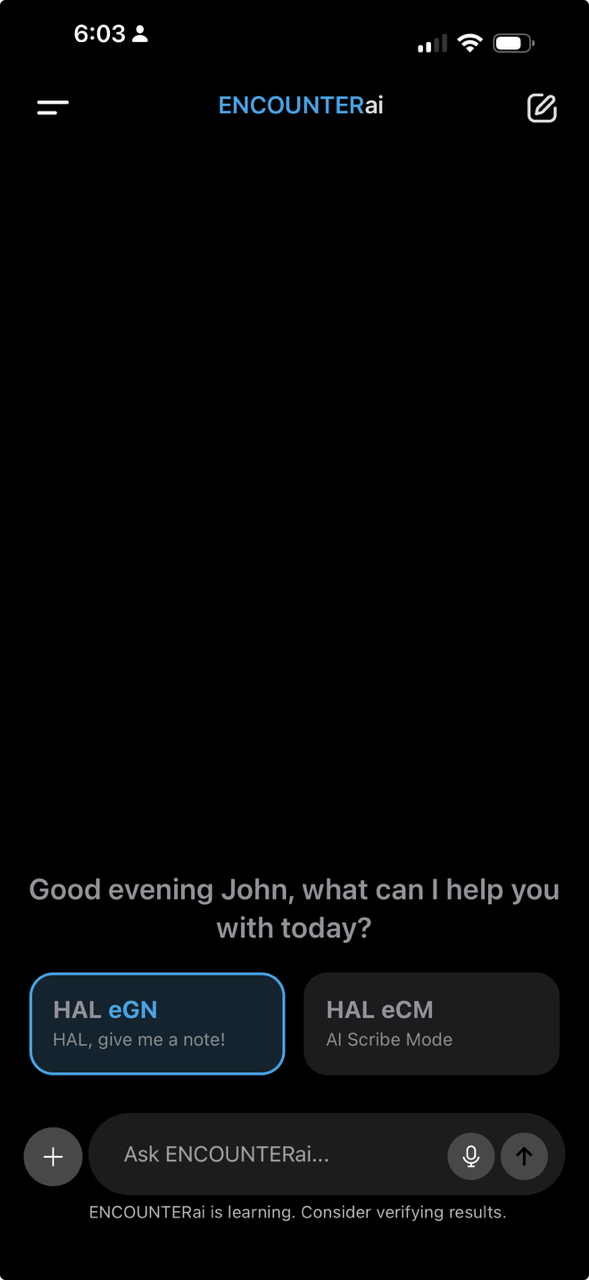 ENCOUNTERai mobile app showing HAL eGN and HAL eCM mode selection