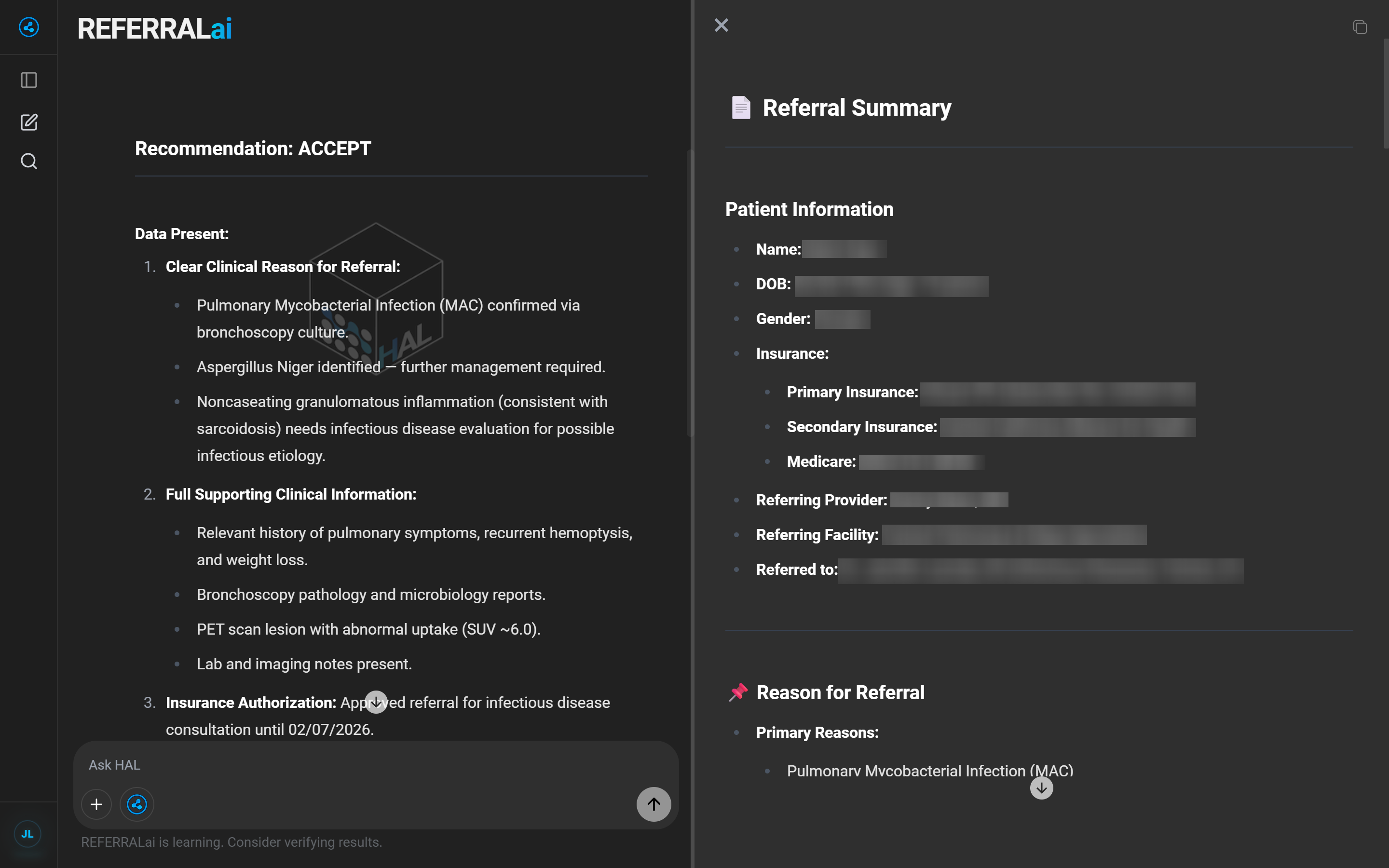 REFERRALai Canvas — referral summary on the right, HAL chat on the left