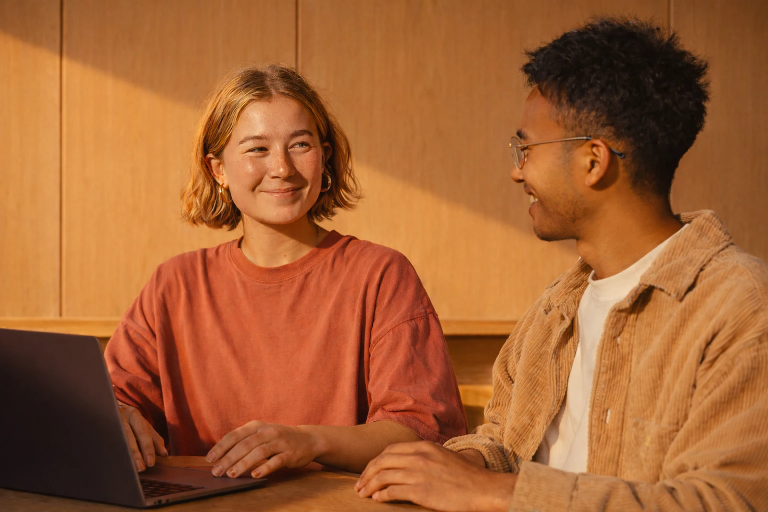 Two young people smiling and talking at a wooden table, with a laptop open in front of the woman wearing a rust-colored shirt.