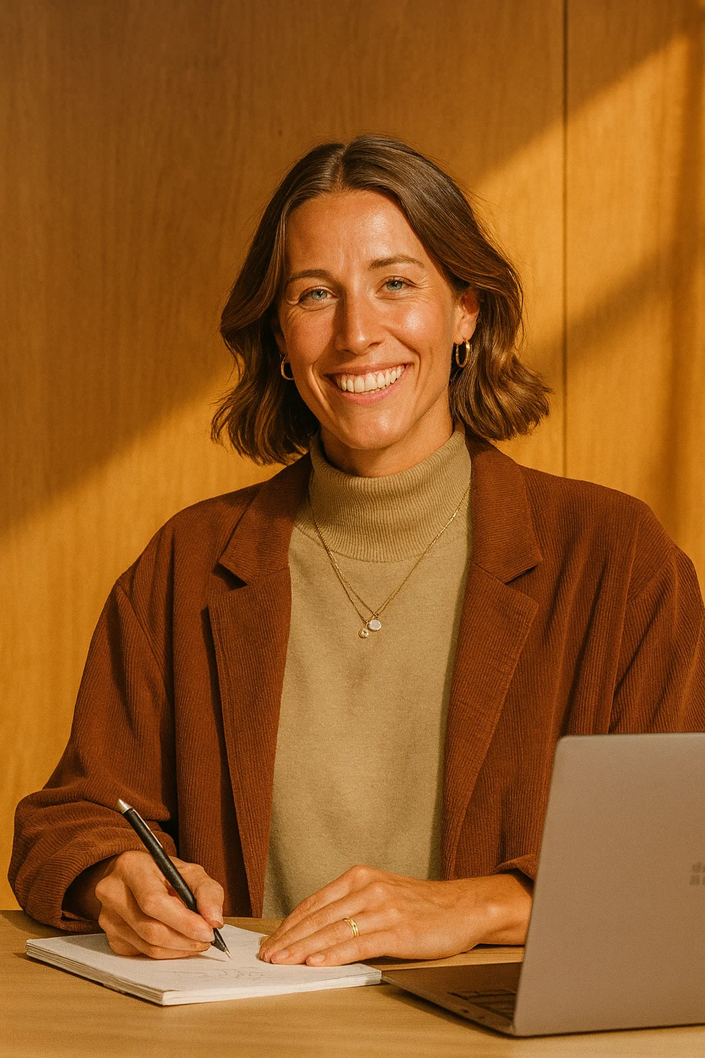 Smiling woman with shoulder-length brown hair wearing a brown jacket and beige turtleneck, writing in a notebook beside a laptop on a wooden table.
