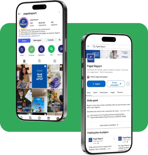 Two smartphones displaying the Papel Report social media profile and page overview with posts and page details.