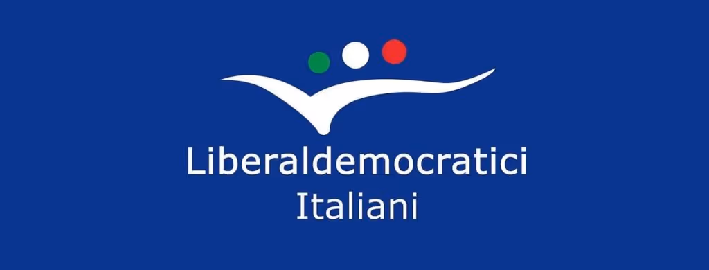 Logo dei Liberal Democratici Italiani con tre cerchi verde, bianco e rosso sopra una figura stilizzata su sfondo blu.
