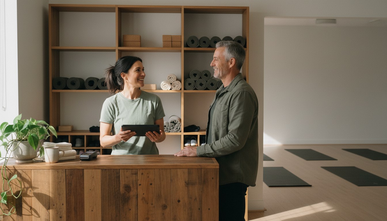 Yoga studio owner smiling with a member at the reception desk while checking yoga studio billing on a tablet