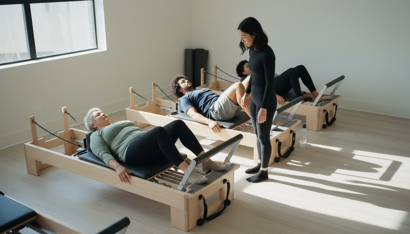 Instructor guiding members through a small reformer class in a bright Pilates studio