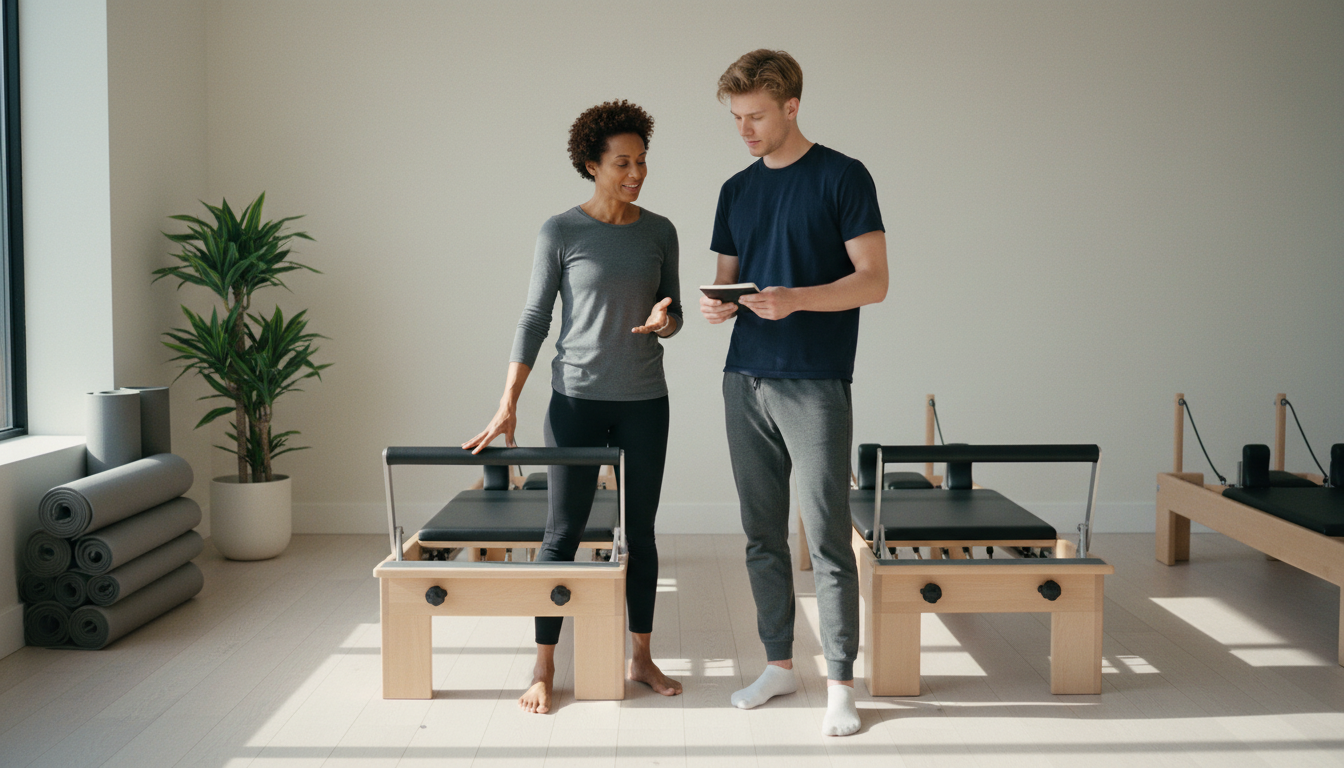 Experienced Pilates instructor onboarding a new instructor beside a reformer in a bright studio