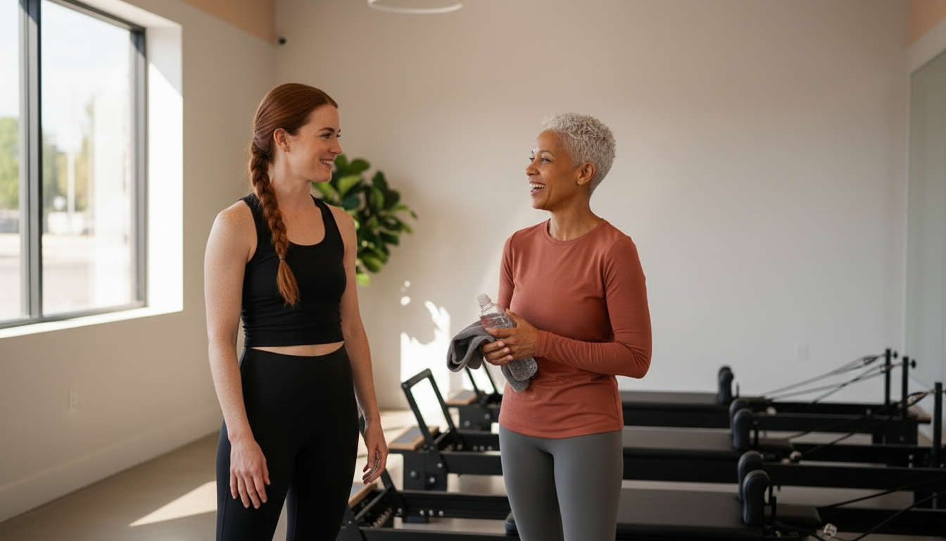 Lagree instructor chatting with a member after class in a warm Austin boutique studio
