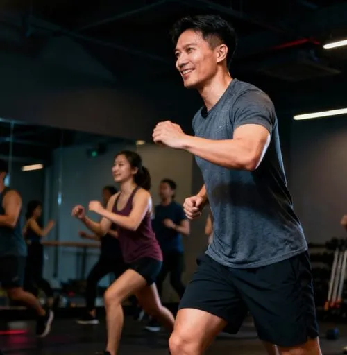 Group of people smiling and exercising indoors, performing aerobic workout.
