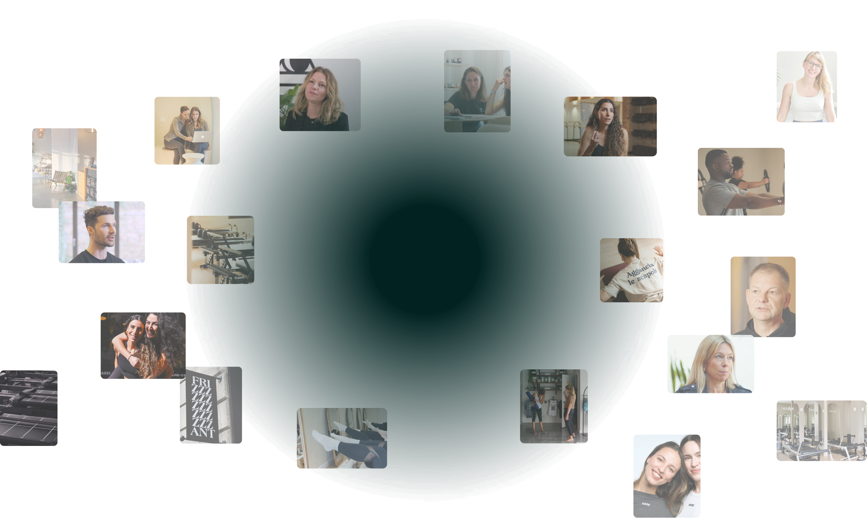 Collage of diverse people engaging in fitness activities, exercise equipment, and friendly interactions in a wellness or gym setting.