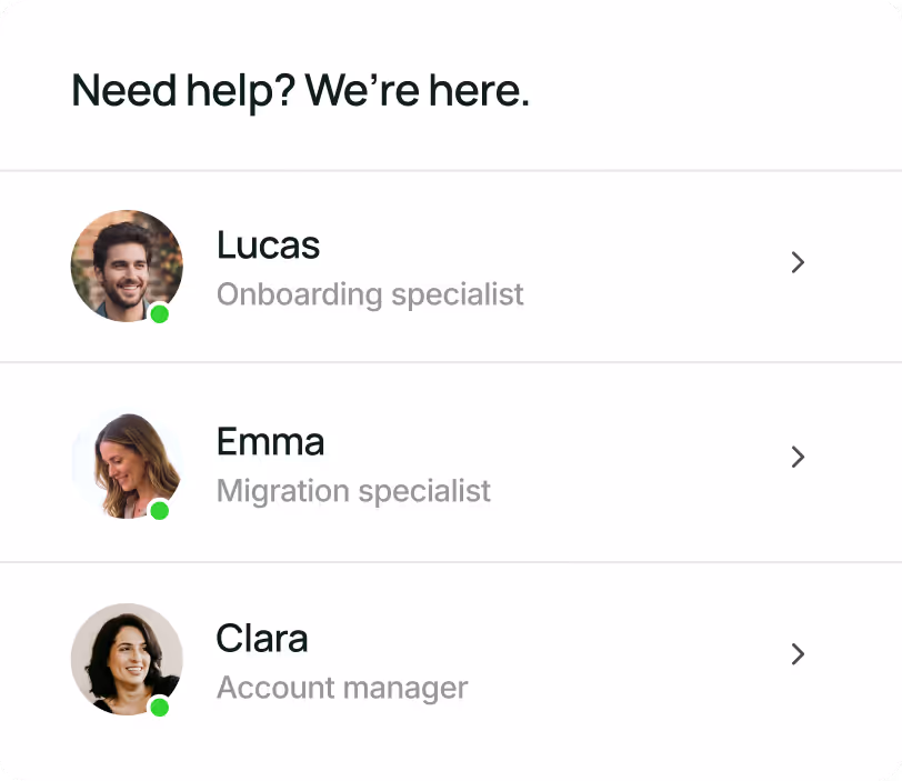 Support contact list showing three specialists: Lucas, onboarding specialist; Emma, migration specialist; Clara, account manager, each with a profile picture and online status.