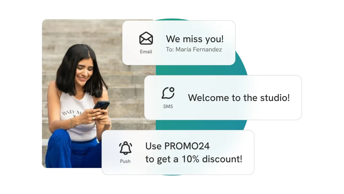 Smiling woman sitting on stairs looking at her phone with communication messages: email saying 'We miss you! To: María Fernandez', SMS saying 'Welcome to the studio!', and push notification offering 'Use PROMO24 to get a 10% discount!'