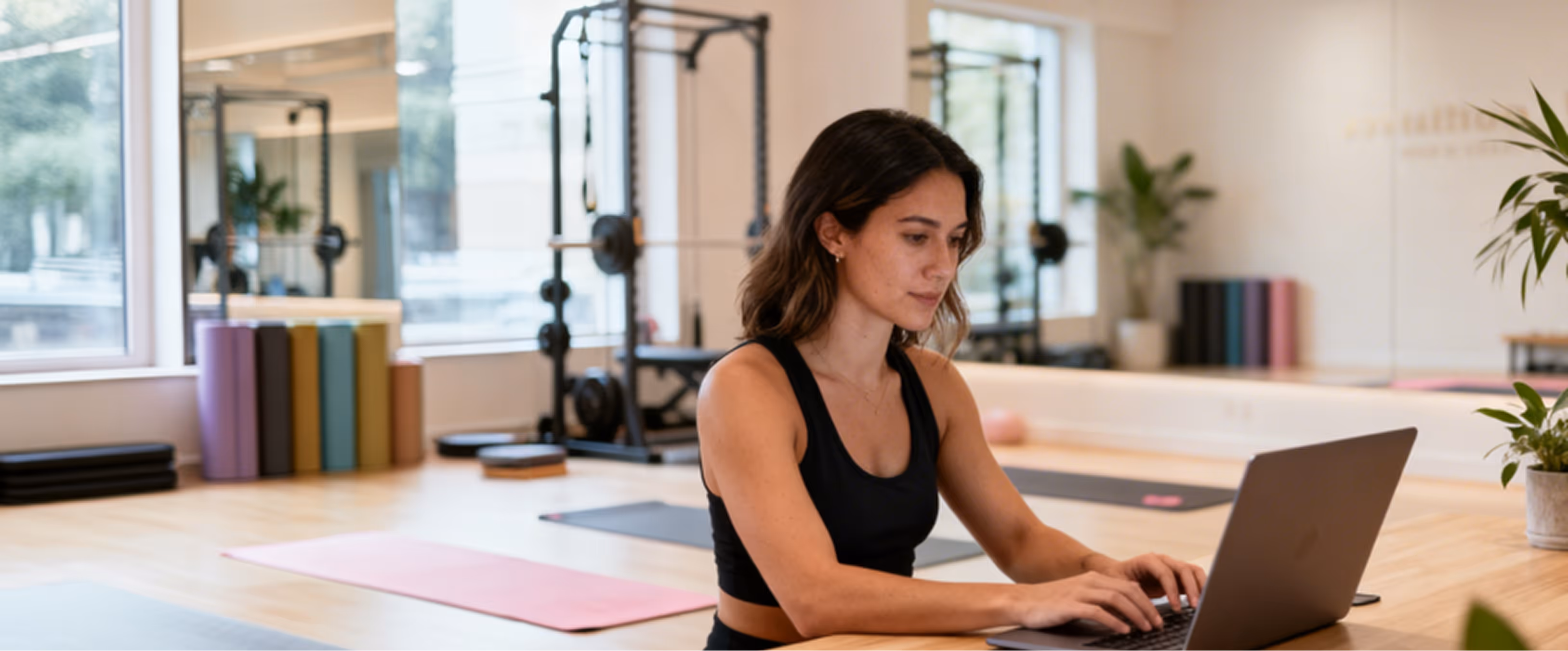 Woman in black workout clothes typing on a laptop in a bright exercise studio with yoga mats and weight equipment.