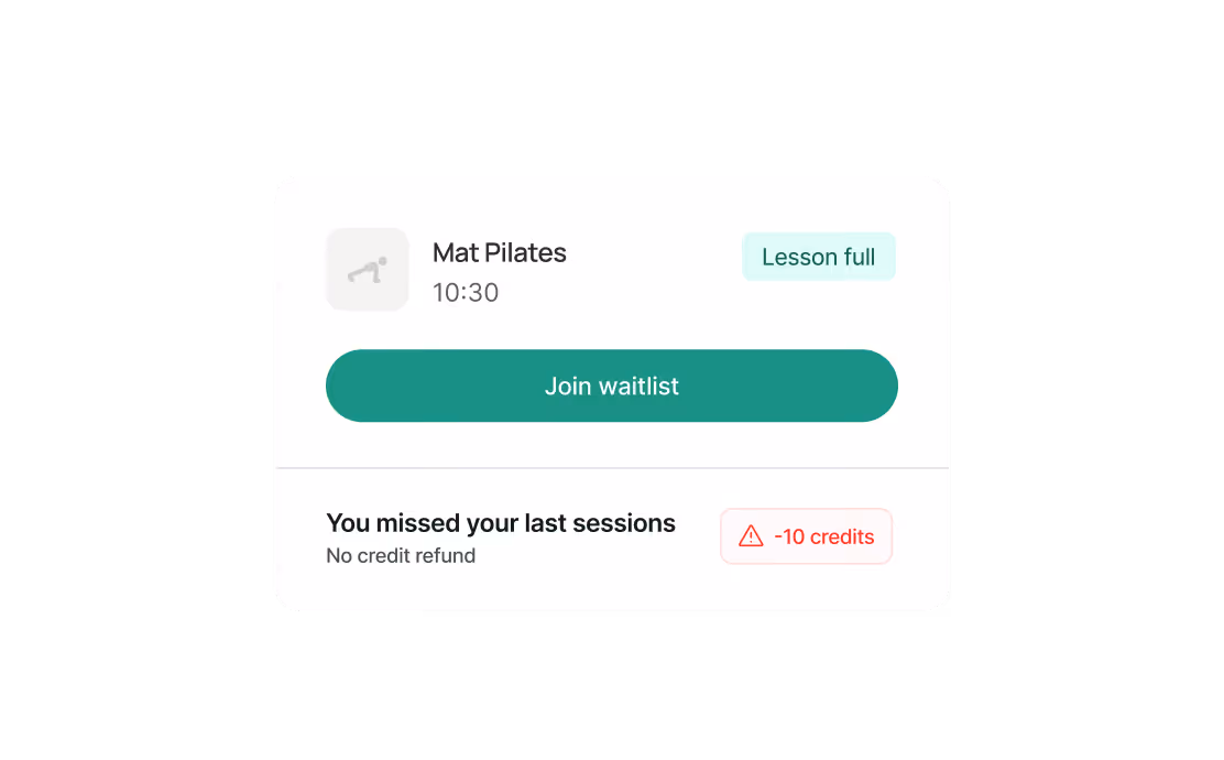 Mat Pilates class at 10:30 marked as lesson full with a button to join waitlist, and a warning about missing last sessions with a 10 credit penalty and no credit refund.