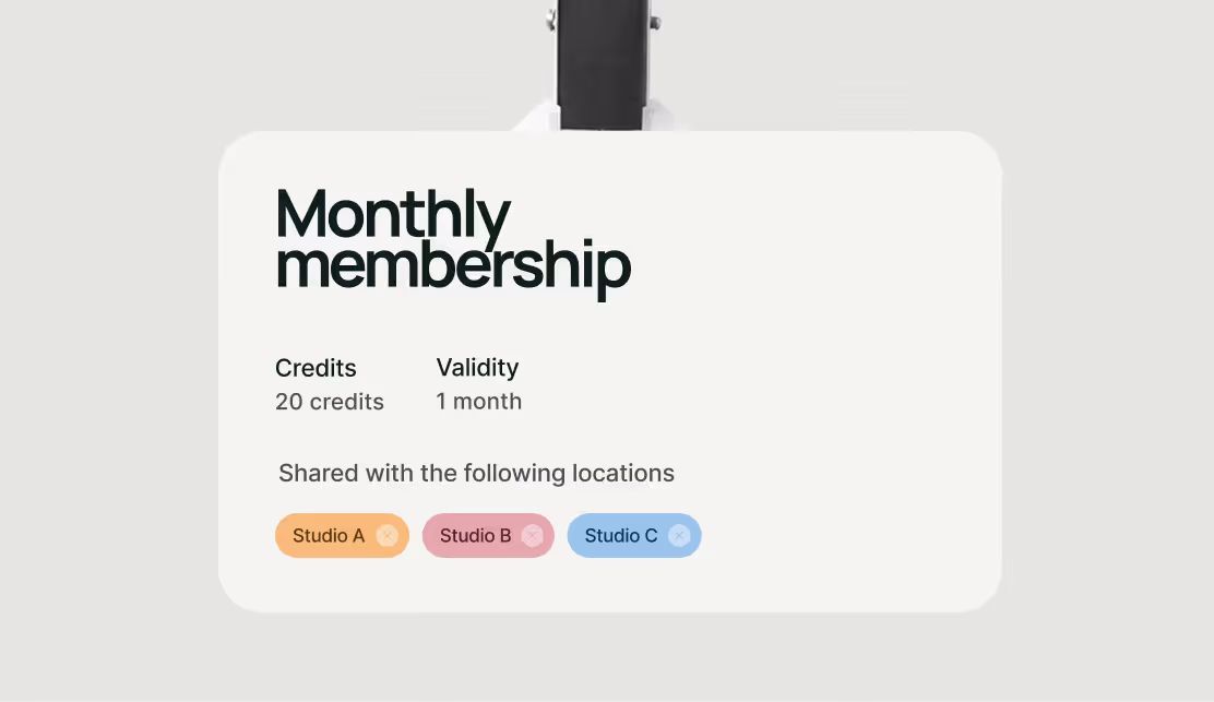 Monthly membership card displaying 20 credits, 1 month validity, and shared with Studio A, Studio B, and Studio C locations.