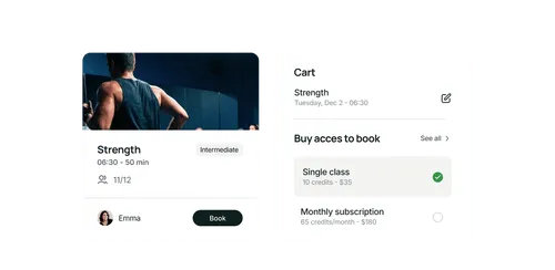 Fitness app interface showing a Strength class session at 6:30 for 50 minutes with instructor Emma and 11 of 12 spots filled, offering options to book a single class for $35 or a monthly subscription for $180.