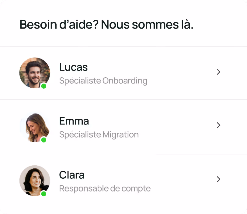 Liste des contacts du service d'assistance comprenant trois spécialistes : Lucas, spécialiste de l'intégration ; Emma, spécialiste de la migration ; Clara, chargée de compte, chacun avec une photo de profil et son statut de connexion.