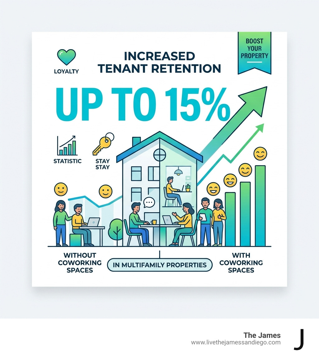 Stat showing that coworking spaces can increase tenant retention by up to 15% in multifamily properties - apartment Stat showing that coworking spaces can increase tenant retention by up to 15% in multifamily properties - apartment