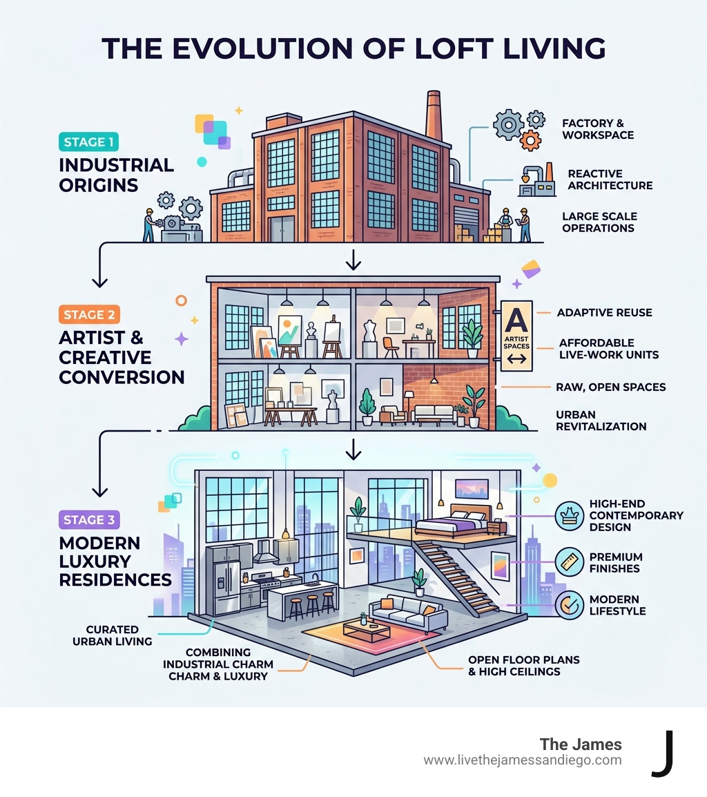 Infographic showing evolution of loft apartments from industrial buildings to modern luxury residences - modern loft Infographic showing evolution of loft apartments from industrial buildings to modern luxury residences - modern loft