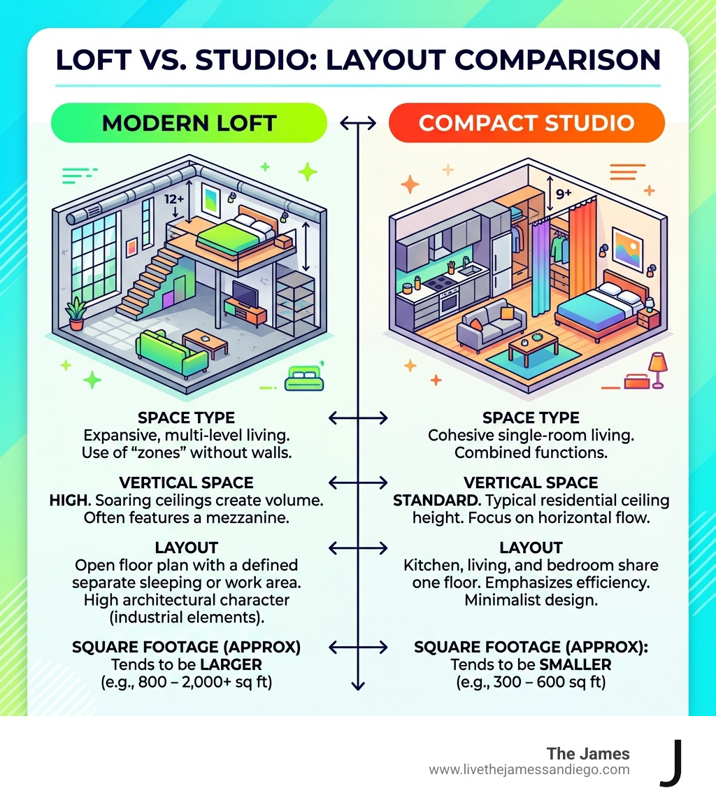 Table comparing loft and studio layouts including square footage and vertical space - modern loft apartment for rent Table comparing loft and studio layouts including square footage and vertical space - modern loft apartment for rent