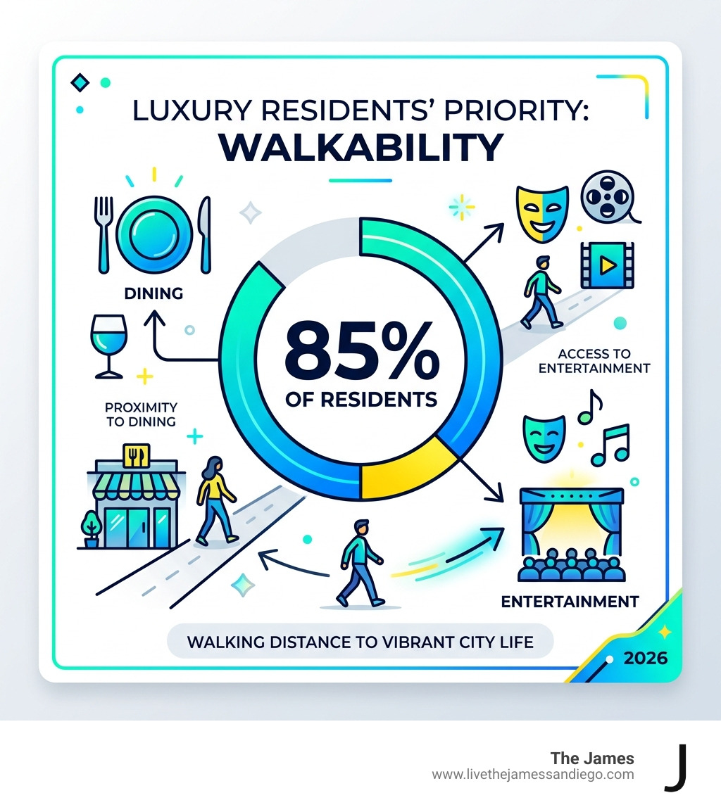Stat showing that 85% of luxury residents prioritize walkability to dining and entertainment - luxury residential apartments Stat showing that 85% of luxury residents prioritize walkability to dining and entertainment - luxury residential apartments
