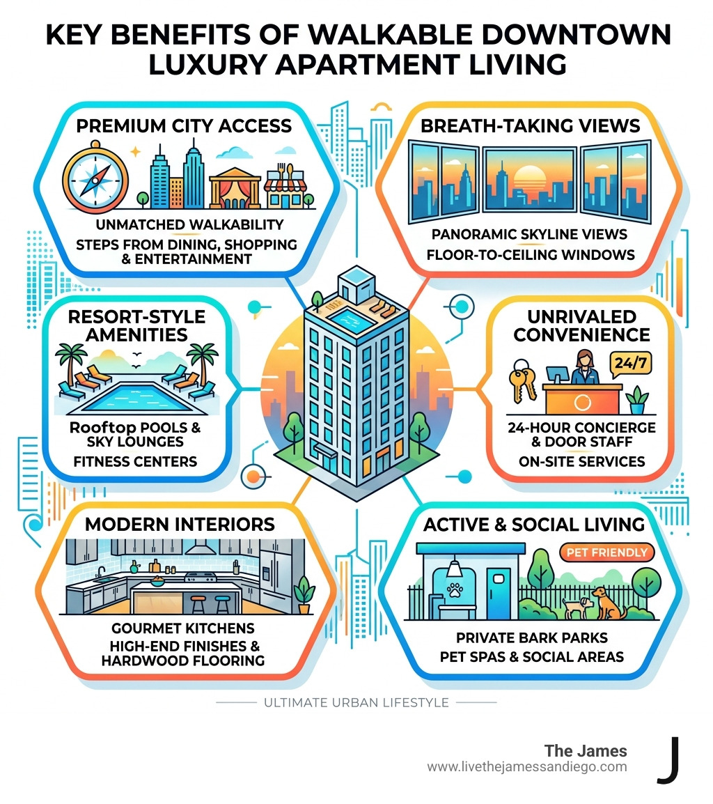 Infographic showing key benefits of walkable downtown luxury apartment living - luxury residential apartments downtown Infographic showing key benefits of walkable downtown luxury apartment living - luxury residential apartments downtown