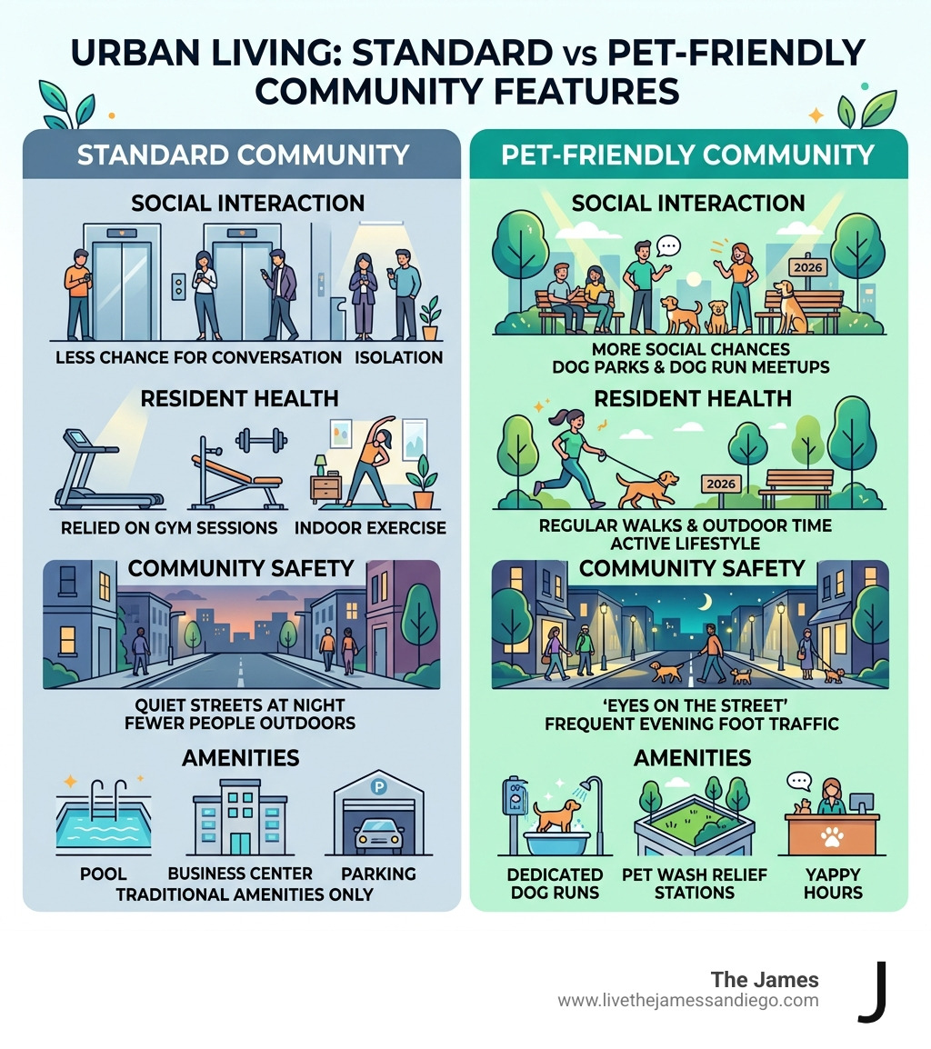 Comparison of standard vs pet-friendly community features infographic - pet friendly urban community infographic Comparison of standard vs pet-friendly community features infographic - pet friendly urban community infographic