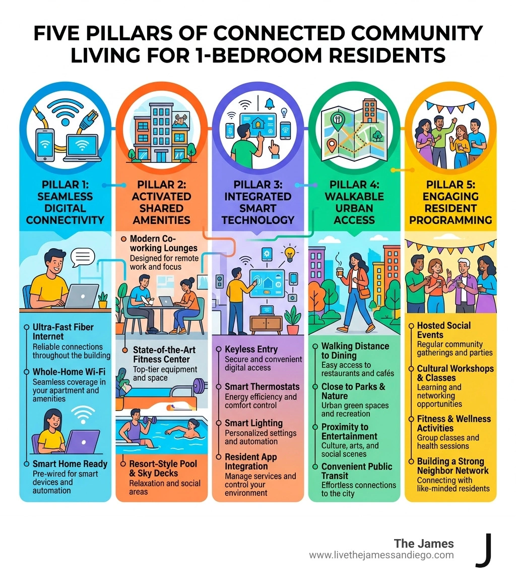 Infographic showing the five pillars of connected community living for 1-bedroom apartment residents - 1 bedroom apartments