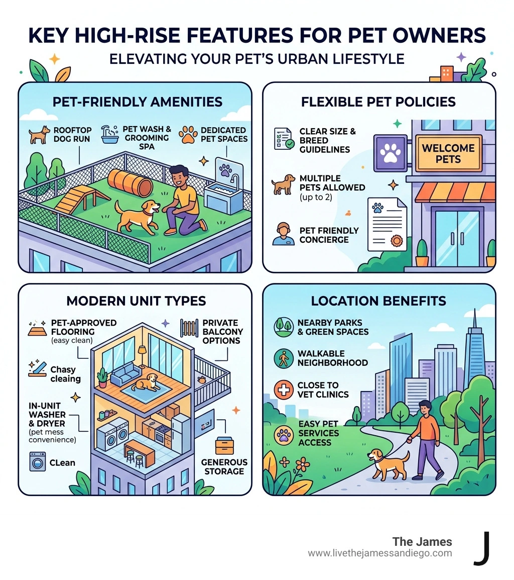 Infographic showing key high-rise apartment features for pet owners: amenities, pet policies, unit types, and location Infographic showing key high-rise apartment features for pet owners: amenities, pet policies, unit types, and location