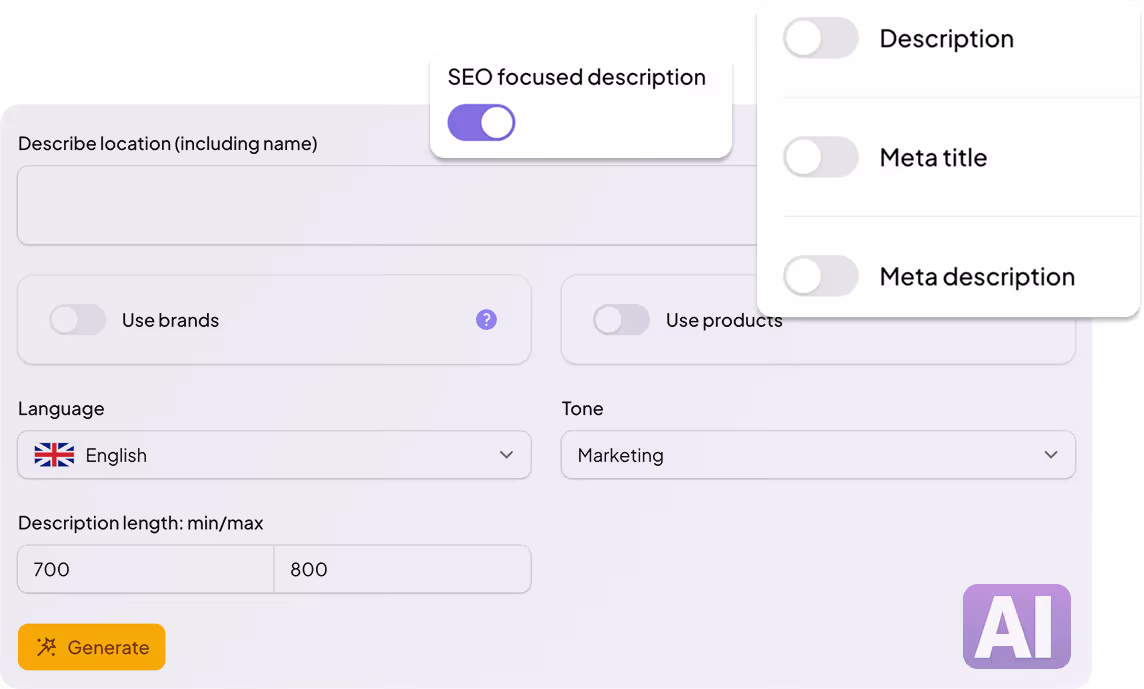 AI-powered SEO and content assistant for MapCosmos store locator, generating optimized meta titles and location descriptions automatically for local search and SEO, no writing expertise needed.