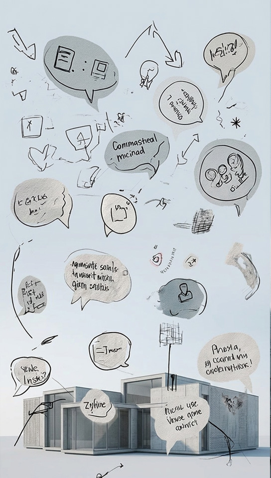 Skiss med handritade pratbubblor och tankeiconer runt en modern byggnad med idéer och koncept.