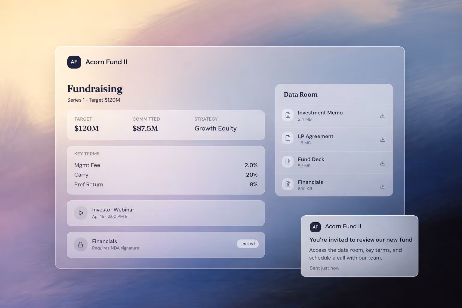 An example: Case study of Acorn Fund II. Showcasing fundraising with target, committed and strategy. As well as other functionals such as investor webinar, financials, and data room.