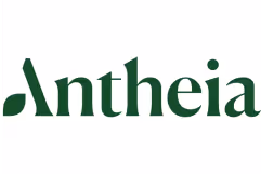 Antheia brand logo in green serif font with a leaf integrated into the letter A.
