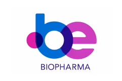 Logo with stylized lowercase letters 'b' and 'e' overlapping in blue and magenta with the word BIOPHARMA below.