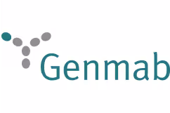 Partial logo text 'Genmab' with a design of six grey and one teal dots forming a branching pattern to the left.