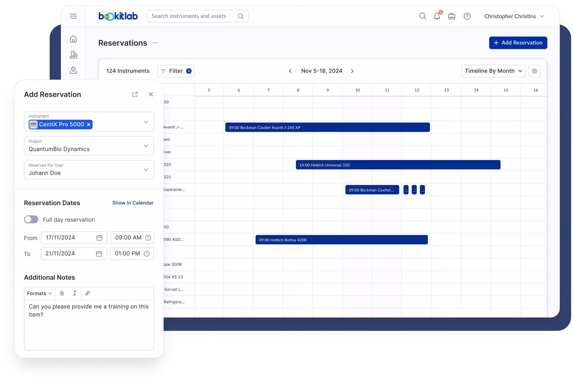 Bookitlab reservation interface showing instrument booking timeline and a form to add a reservation for CentiX Pro 5000 from Nov 17 to Nov 21, 2024.