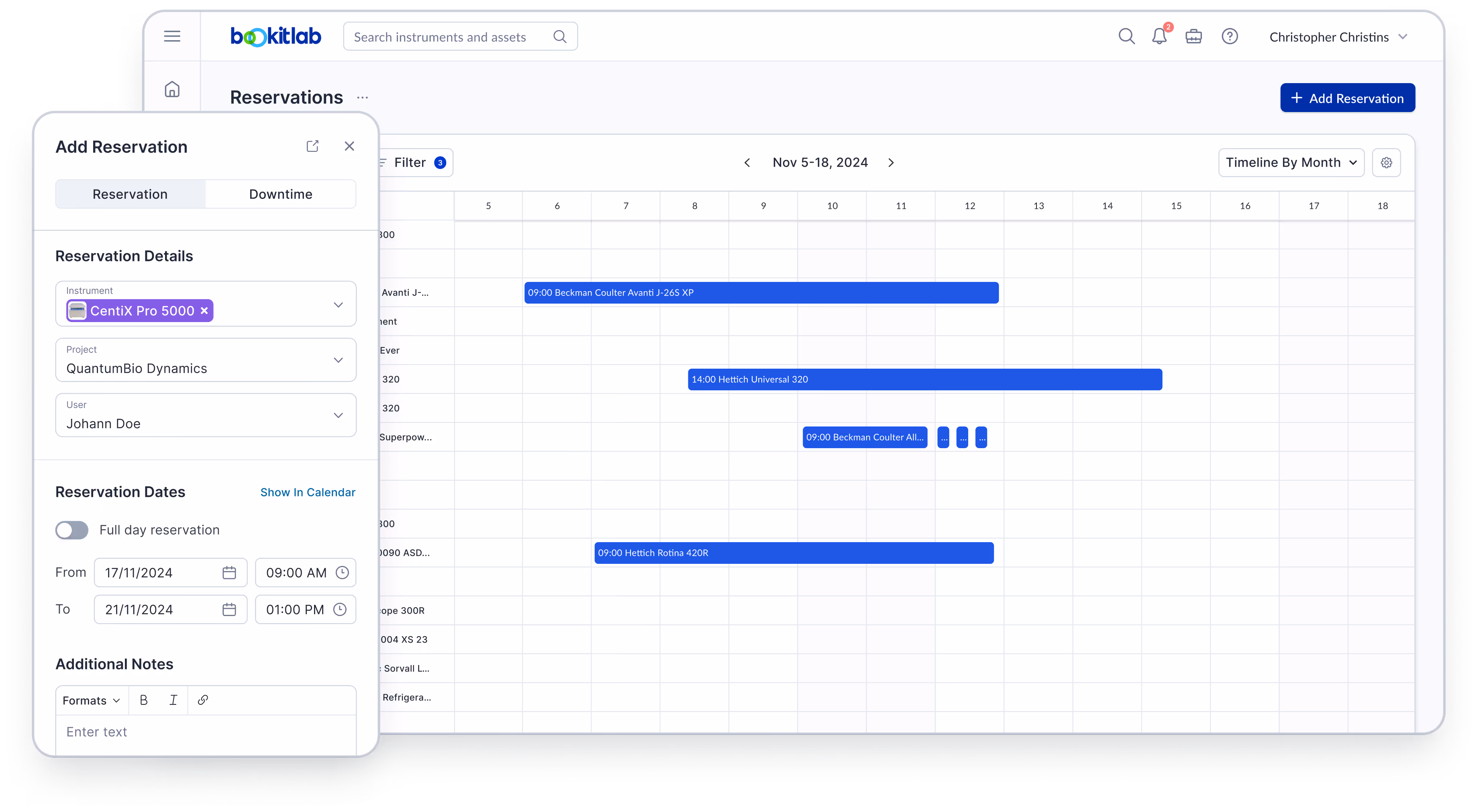 User interface of a Bookitlab reservation system showing a calendar with scheduled instrument bookings and an 'Add Reservation' panel filled with details of the instrument