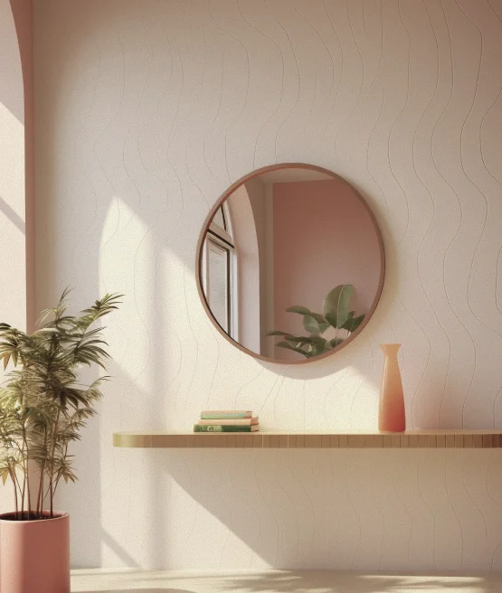 Dettaglio dell'interno dello studio ARCHIVIA — specchio ondulato, mensola in legno con piante vive e luce naturale, atmosfera di calma e sicurezza per la cura della pelle del viso