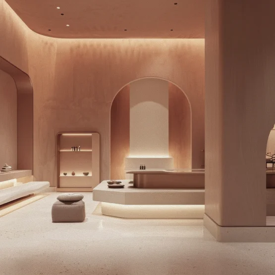 Interno dello studio di dermoestetica ARCHIVIA a Perugia — ambiente spazioso, illuminazione calda e tonalità naturali, progettato per il comfort durante i trattamenti viso