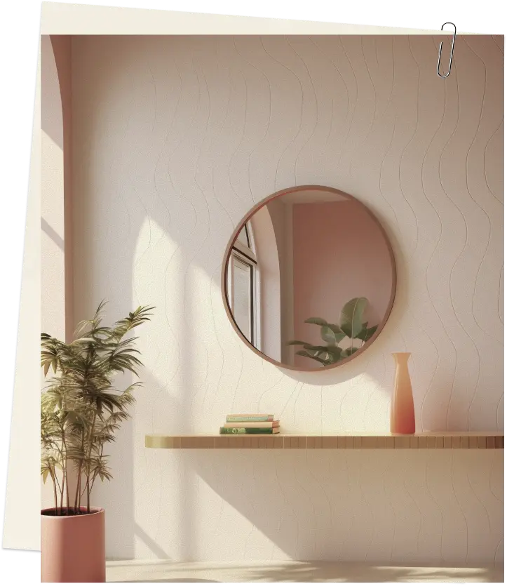 Dettaglio dell'interno dello studio ARCHIVIA — specchio ondulato, mensola in legno con piante vive e luce naturale, atmosfera di calma e sicurezza per la cura della pelle del viso