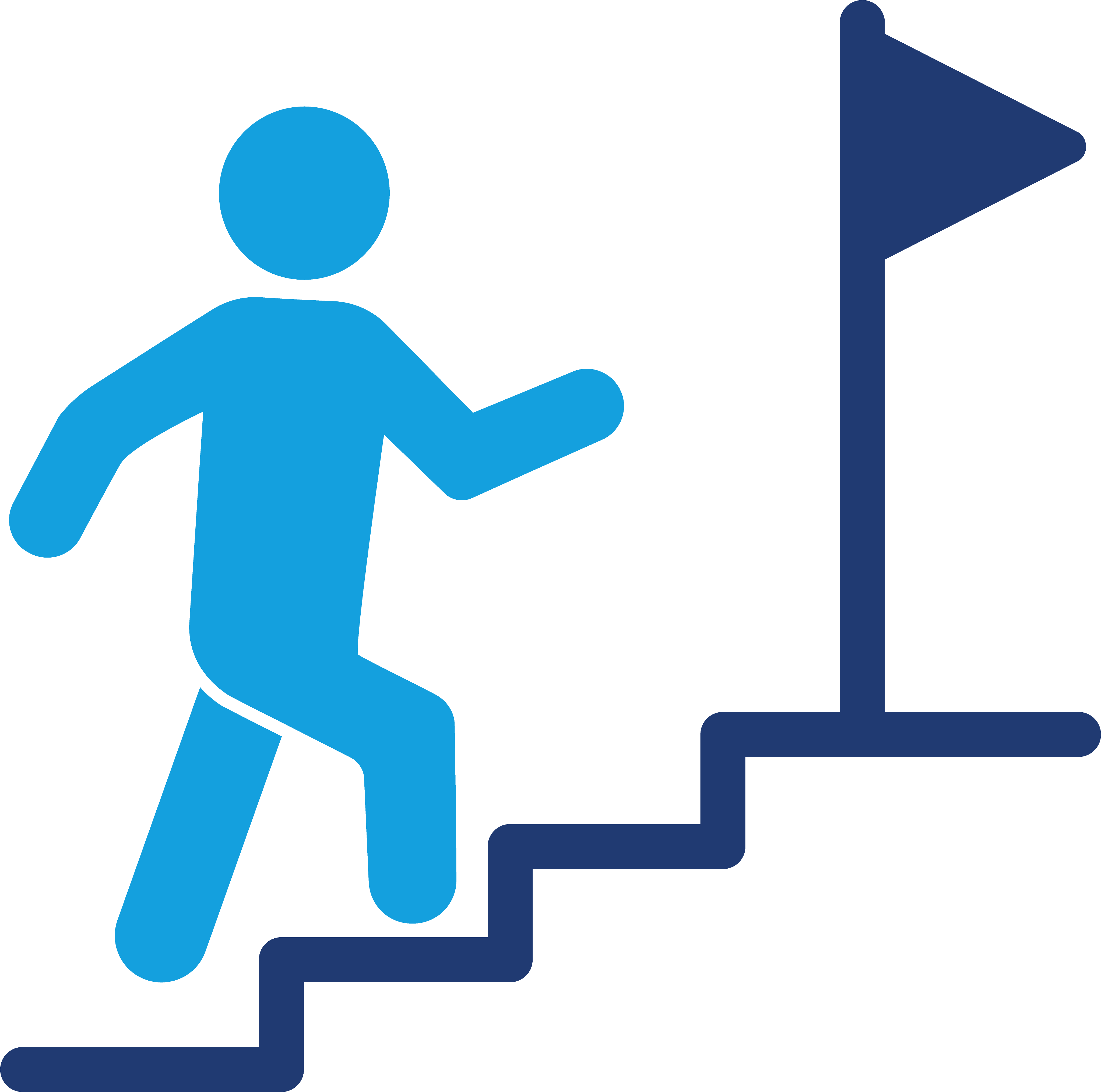 Blue figure climbing stairs towards a dark blue flag representing progress or goal achievement.