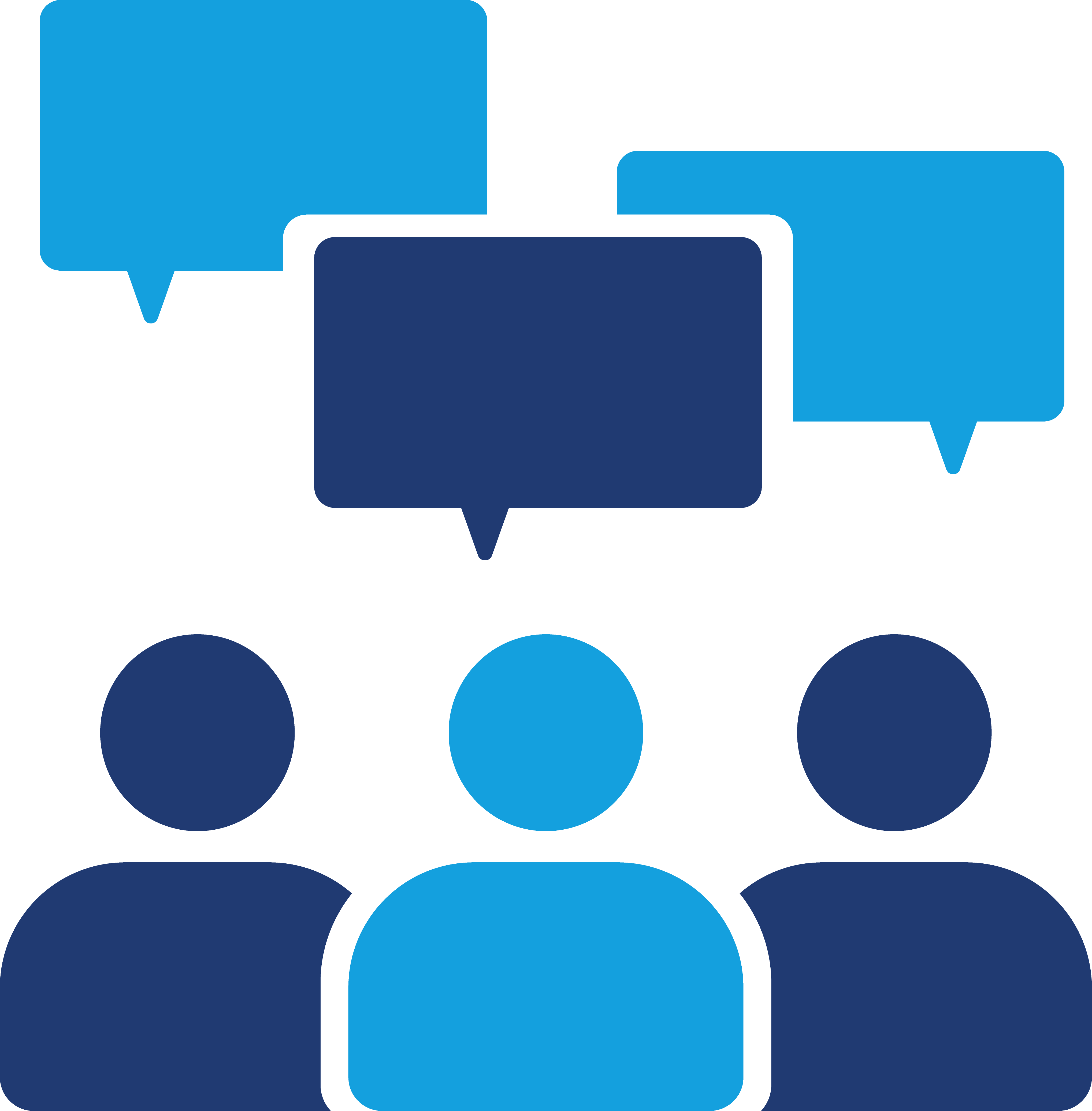 Three human icons with three speech bubbles above them representing communication or discussion.