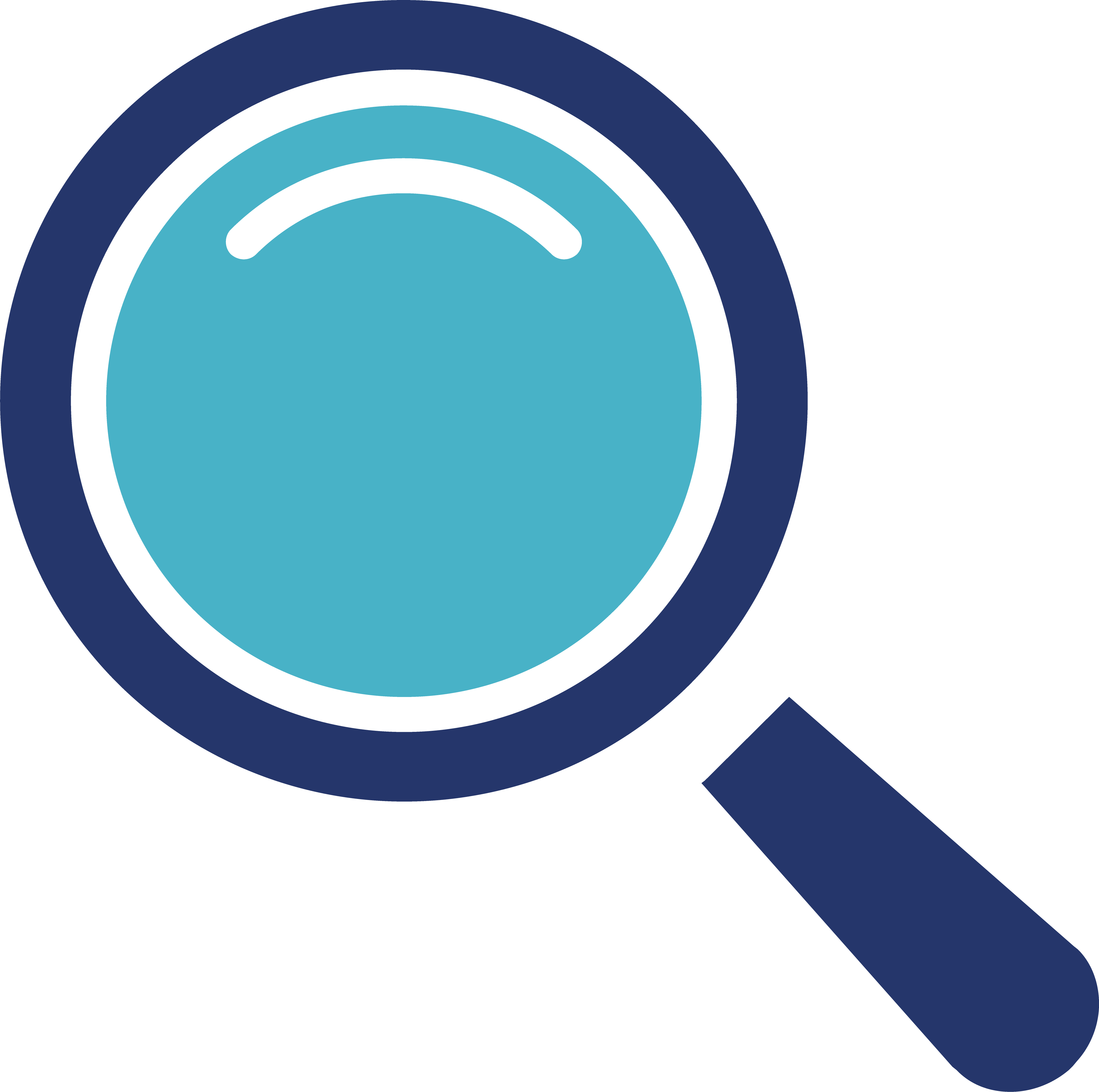 Illustration of a magnifying glass with a dark blue handle and rim and a light blue lens.