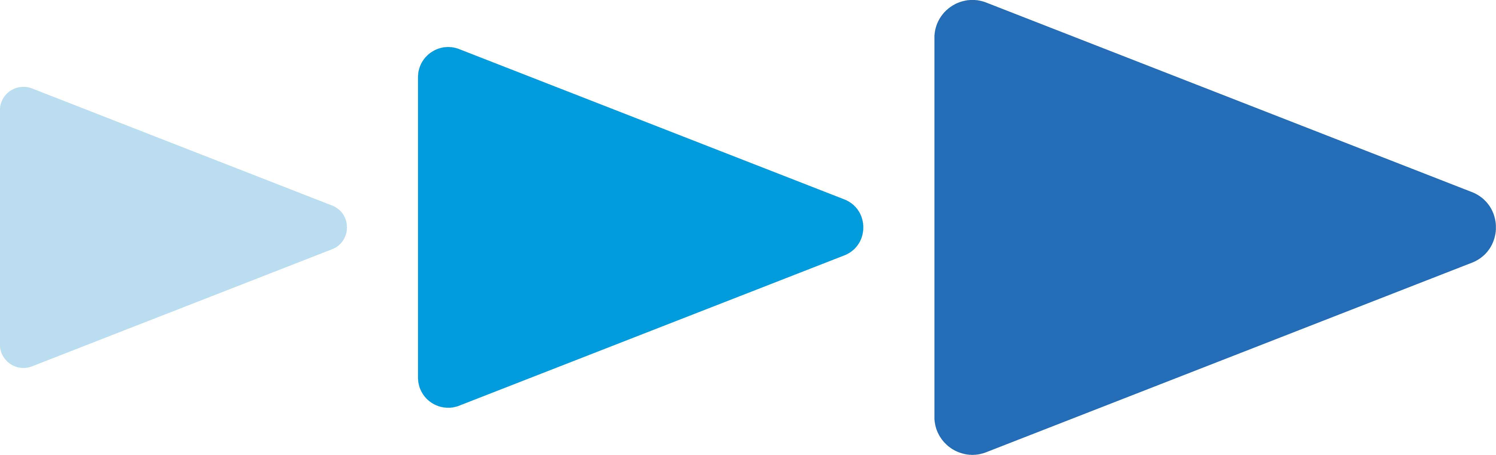 Three right-pointing arrows in a row, increasing in size and darkening in blue color from left to right.