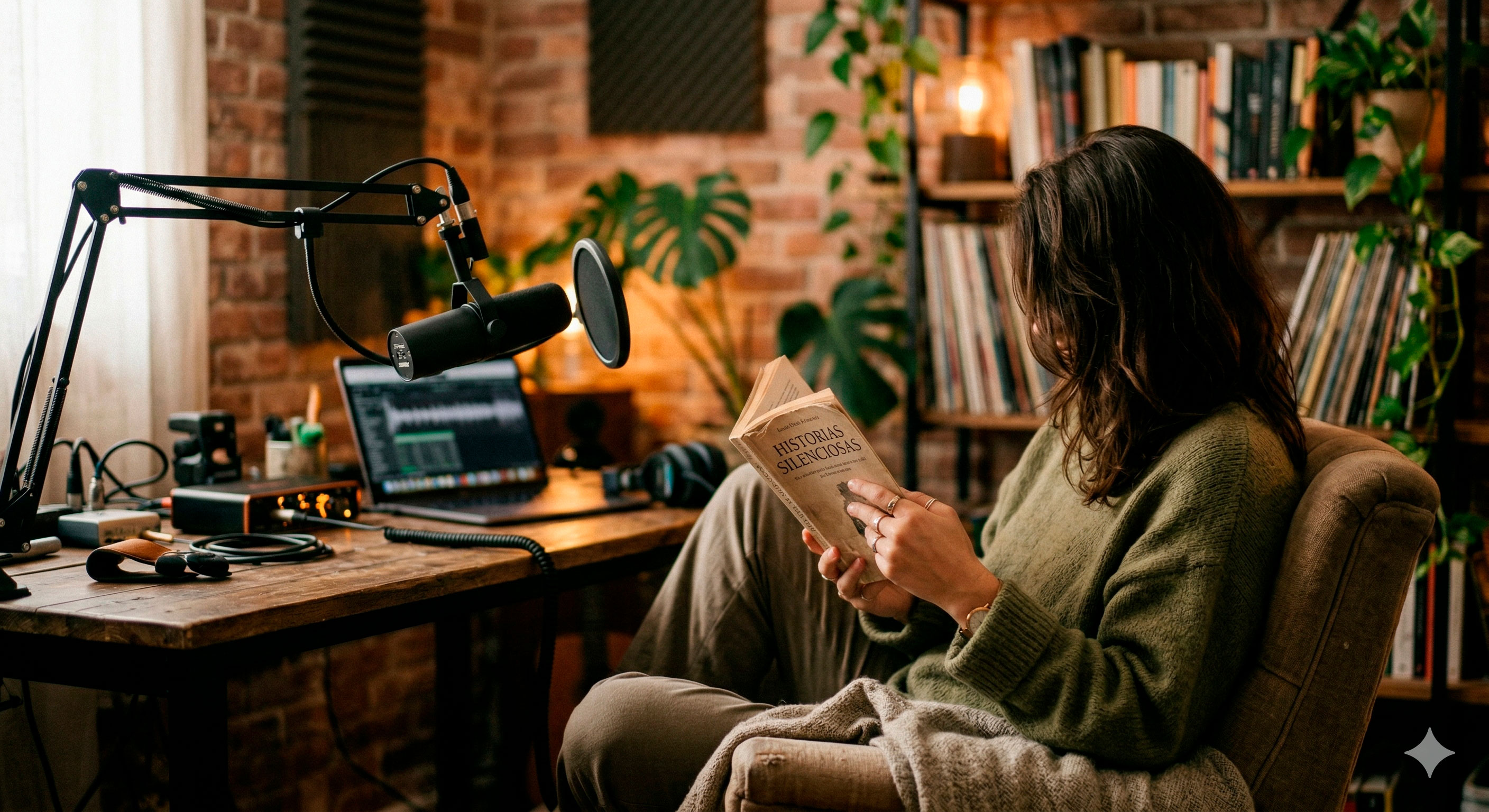 Person sitting in a cozy room reading a book titled 'Historias Silenciosas' near a podcast microphone and laptop on a wooden desk.