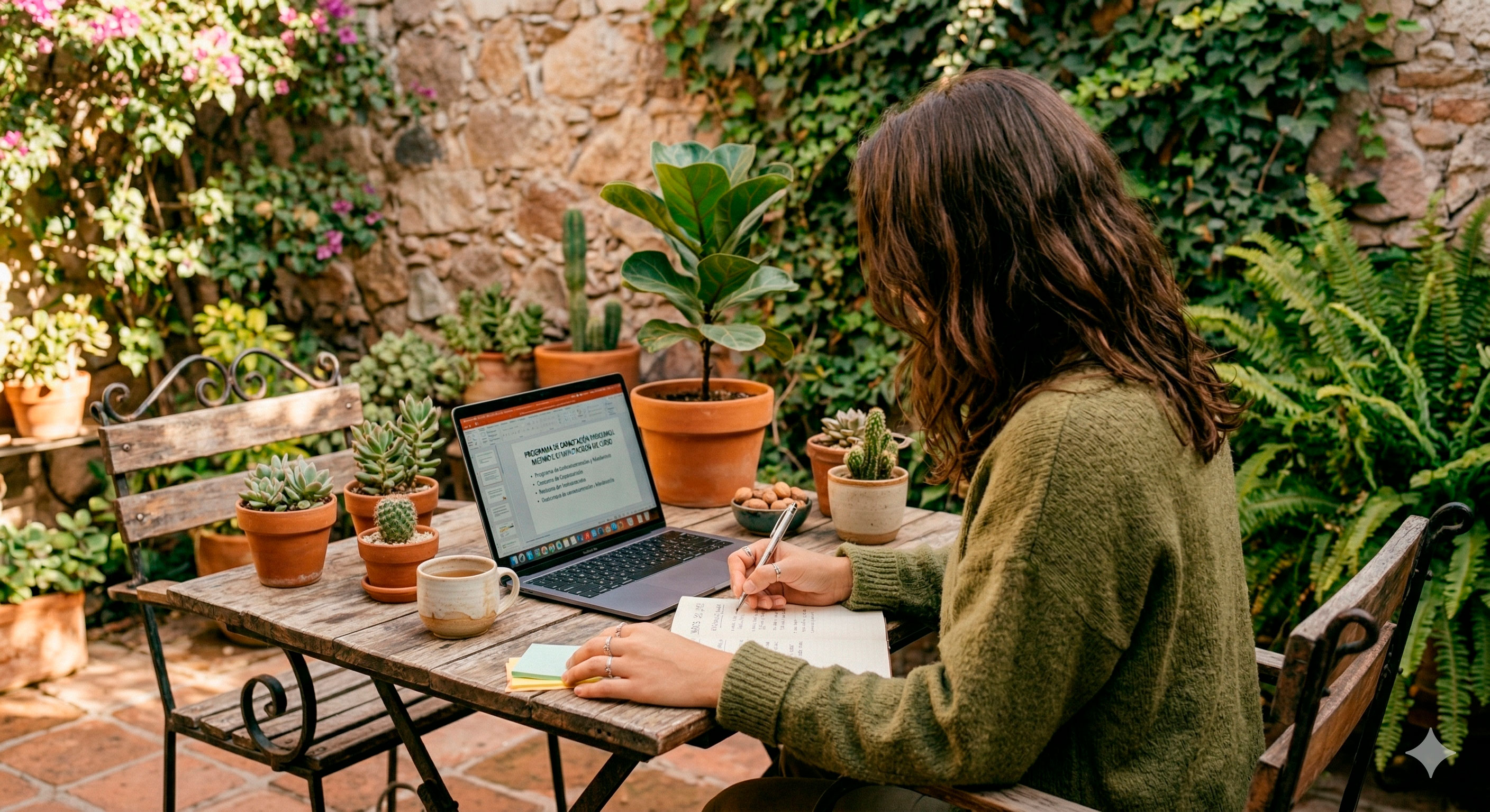 Person in green sweater writing in a notebook at a wooden table with a laptop and potted plants in an outdoor garden setting.