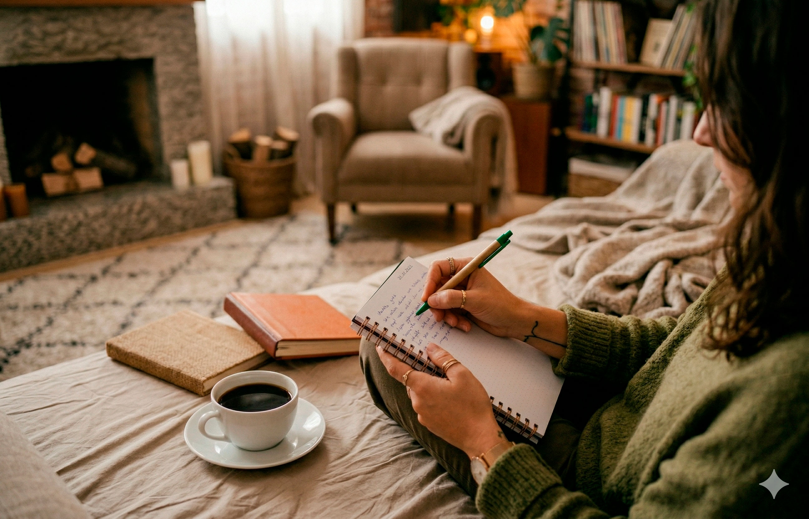 Person in green sweater writing in a notebook at a wooden table with a laptop and potted plants in an outdoor garden setting.