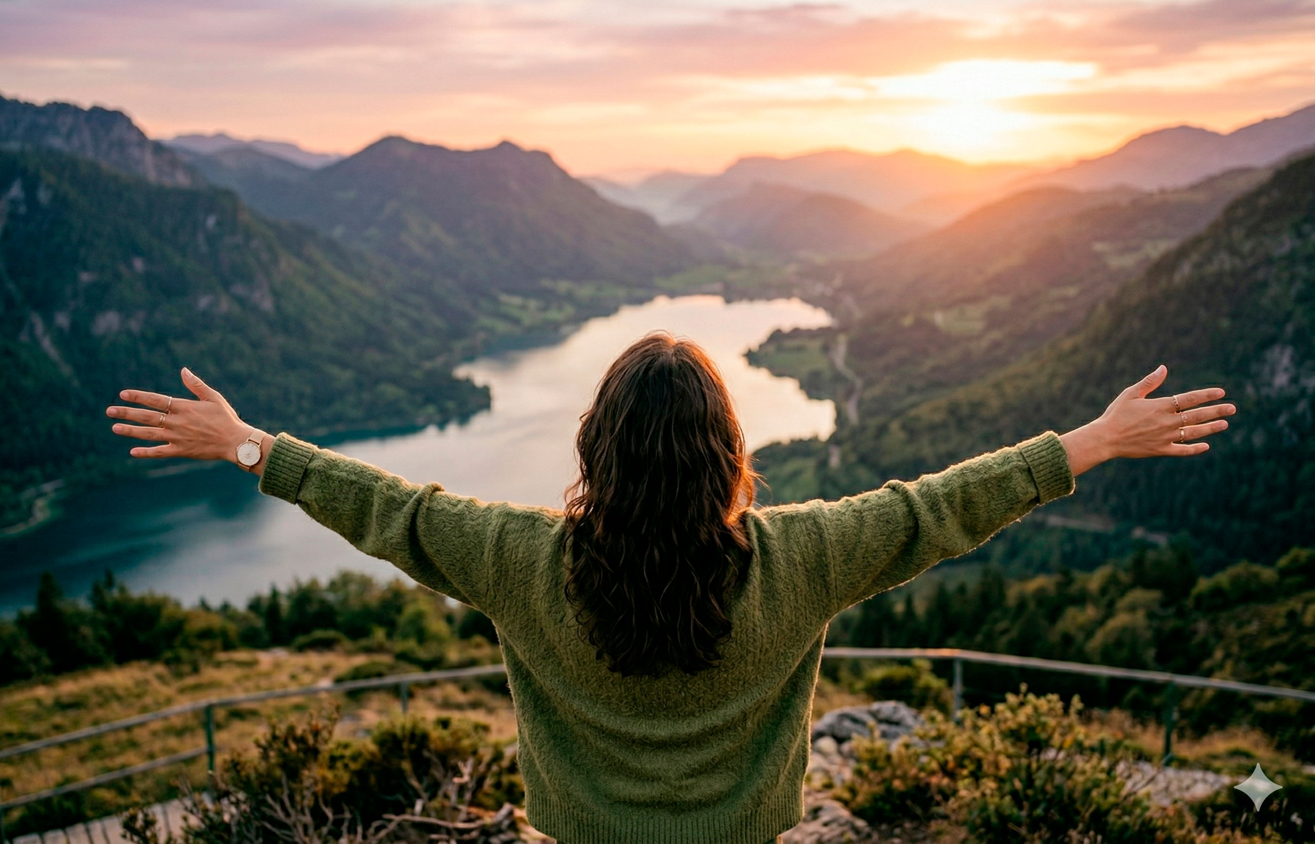 Person with outstretched arms overlooking a lake surrounded by mountains at sunset.