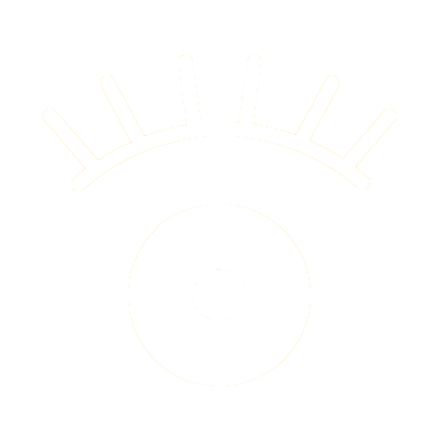 White stylized eye with eyelashes on a yellow square background.